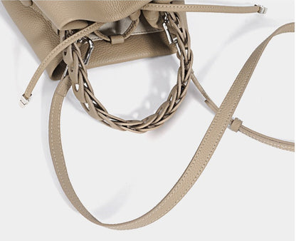 Woven Handle Cowhide Bucket Bag