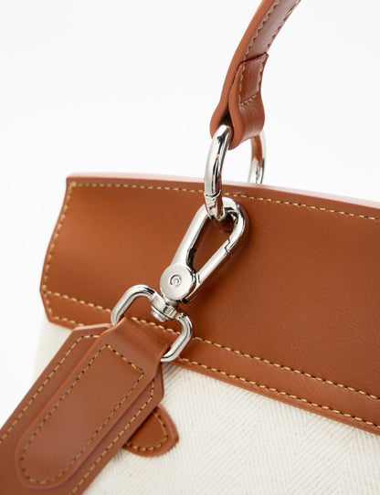 Canvas Leather Turn-Lock Top-Handle Bag