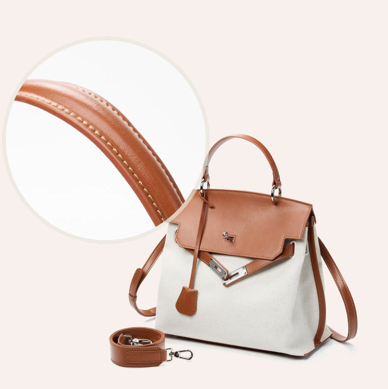 Canvas Leather Turn-Lock Top-Handle Bag
