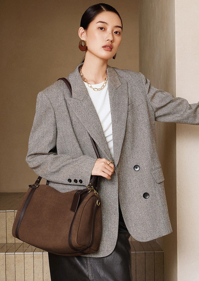Suede Leather Shoulder Boston Bag