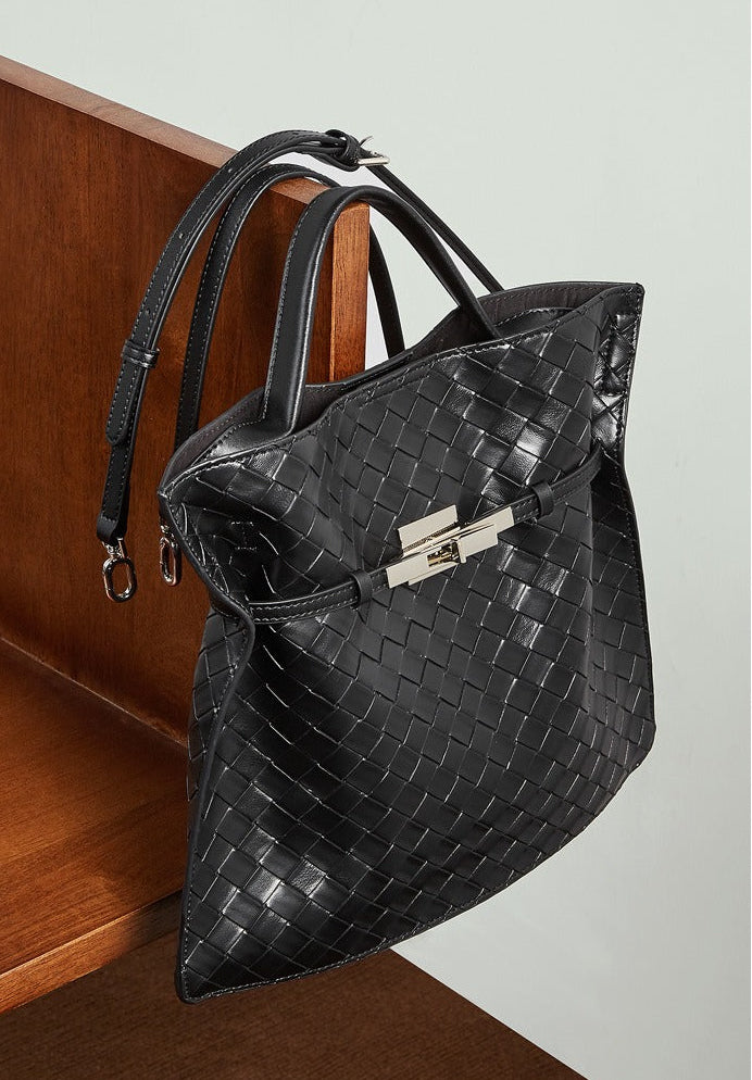 Woven Leather Convertible Tote Bag