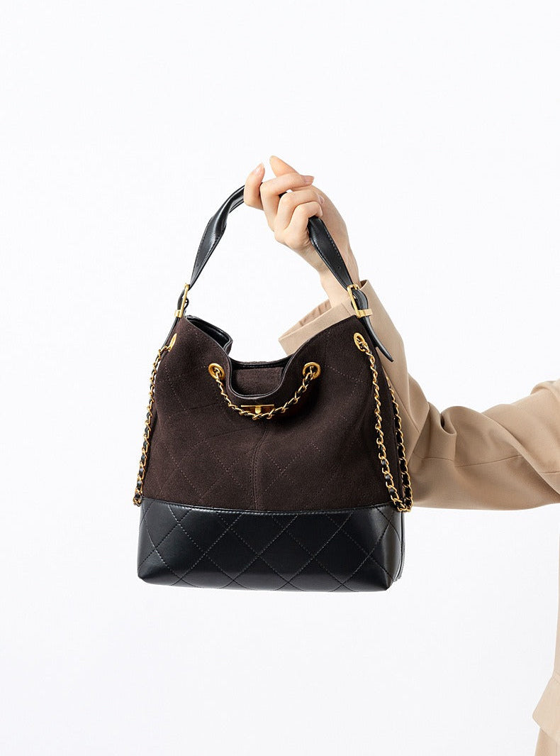 Quilted Suede Chain Bucket Bag