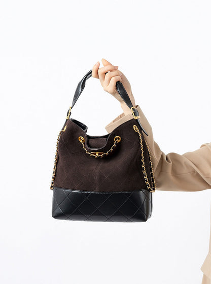 Quilted Suede Chain Bucket Bag
