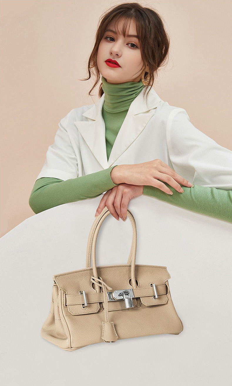 Pebbled Leather Horizontal Lock Handbag