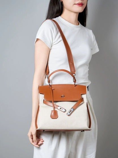 Canvas Leather Turn-Lock Top-Handle Bag