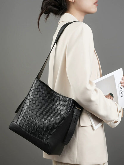 Woven Leather Bucket Shoulder Bag