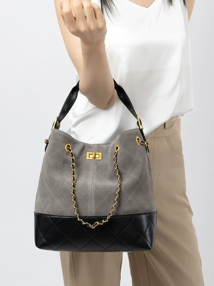 Quilted Suede Chain Bucket Bag