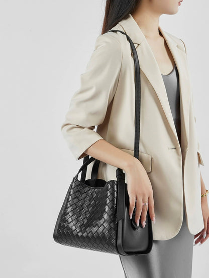 Woven Leather Bucket Tote Bag