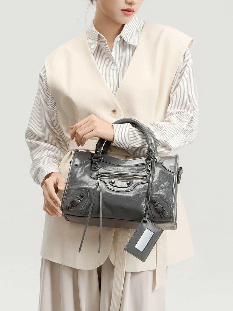 Crinkled Leather Rivet City Tote