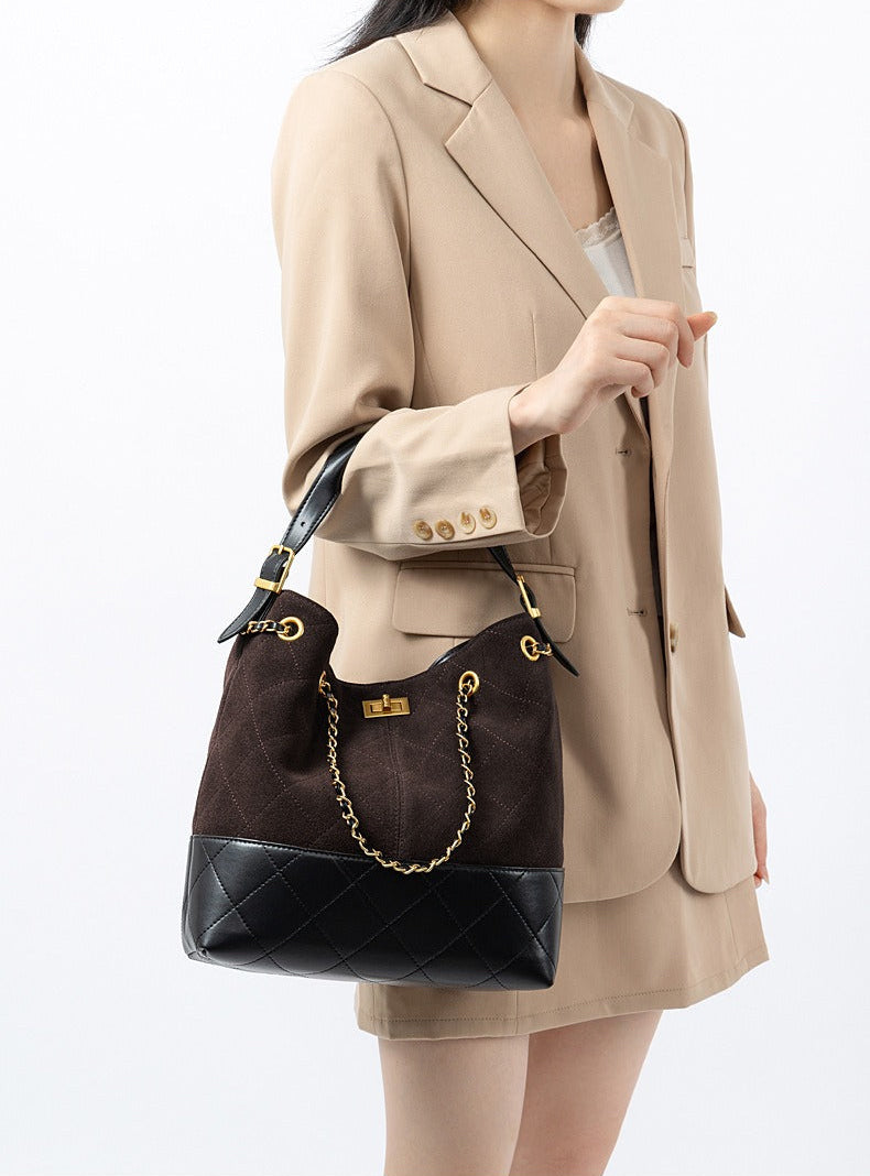 Quilted Suede Chain Bucket Bag