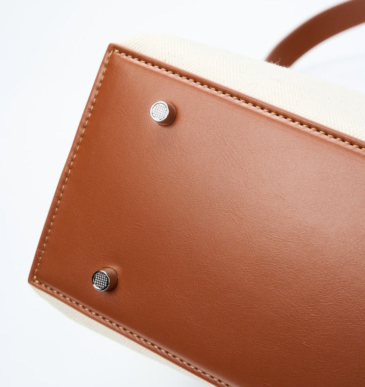 Canvas Leather Turn-Lock Top-Handle Bag
