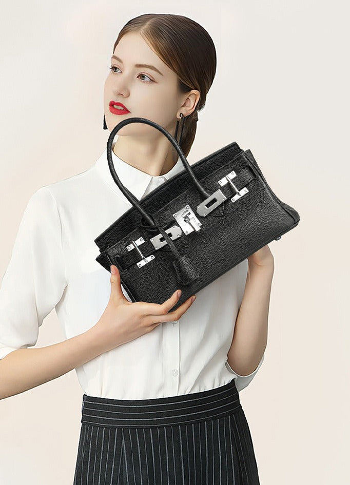 Pebbled Leather Horizontal Lock Handbag