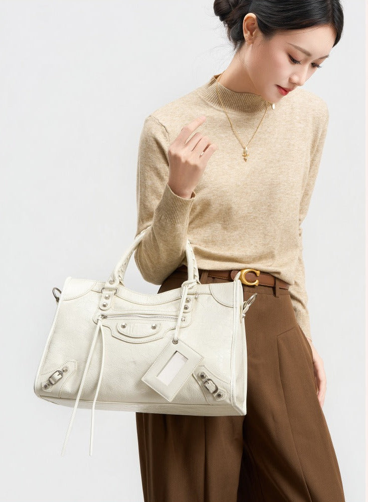 Crinkled Leather Rivet City Tote