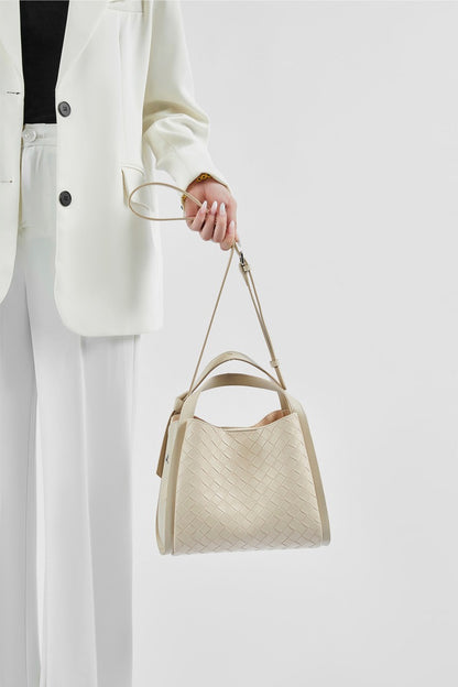 Woven Leather Bucket Tote Bag