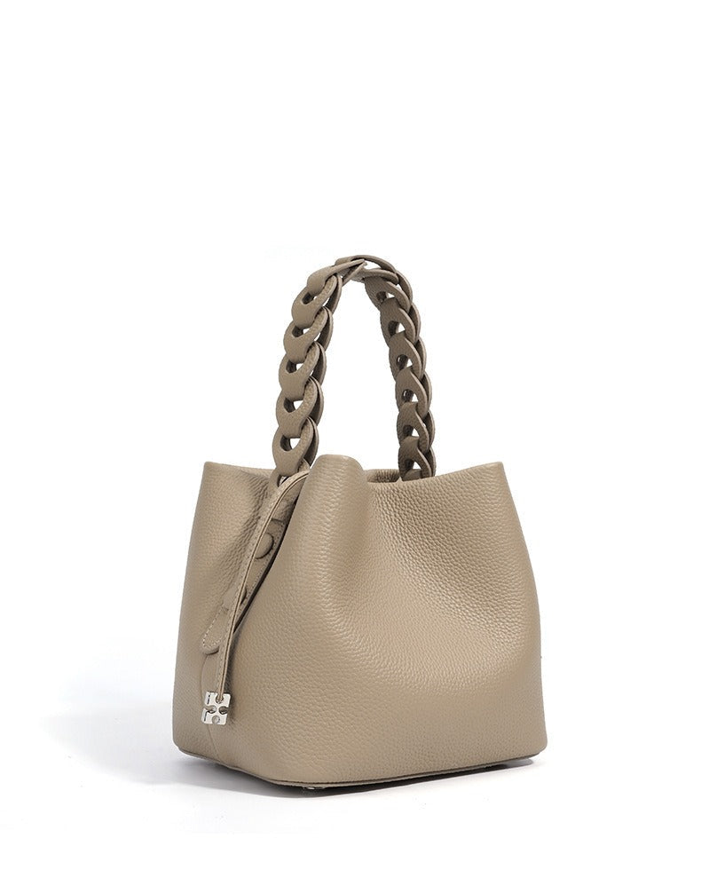 Woven Handle Cowhide Bucket Bag