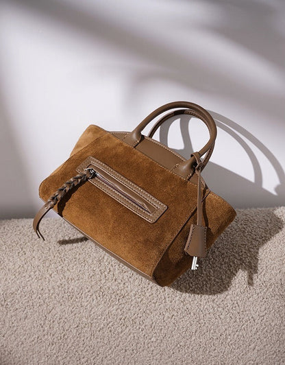 Suede Spliced Cowhide Mini Luggage Tote