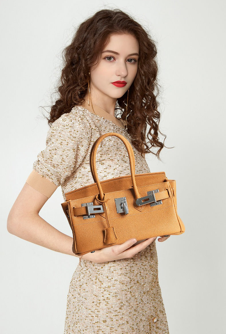 Pebbled Leather Horizontal Lock Handbag