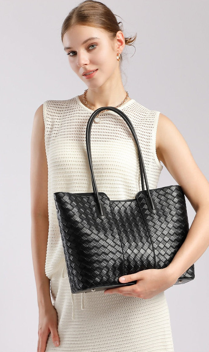 Woven Cowhide Shoulder Tote Bag
