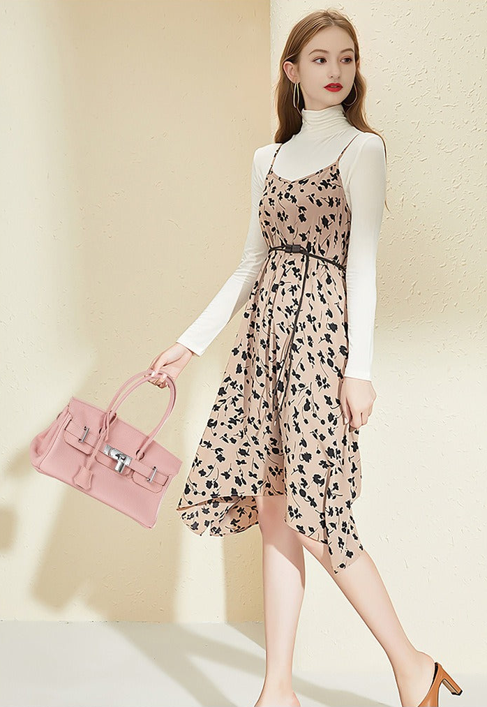 Pebbled Leather Horizontal Lock Handbag