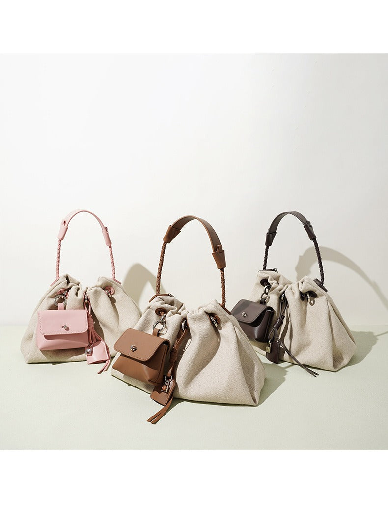 Linen Drawstring Shoulder Bucket Bag