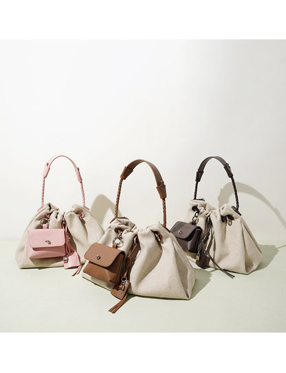 Linen Drawstring Shoulder Bucket Bag