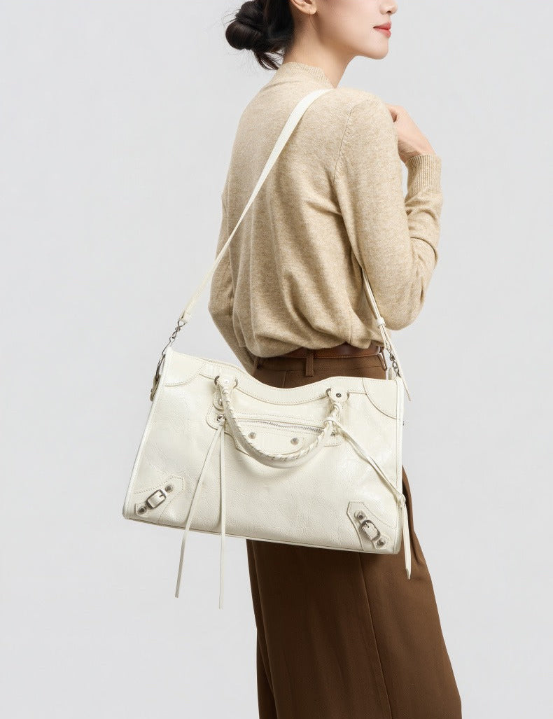 Crinkled Leather Rivet City Tote