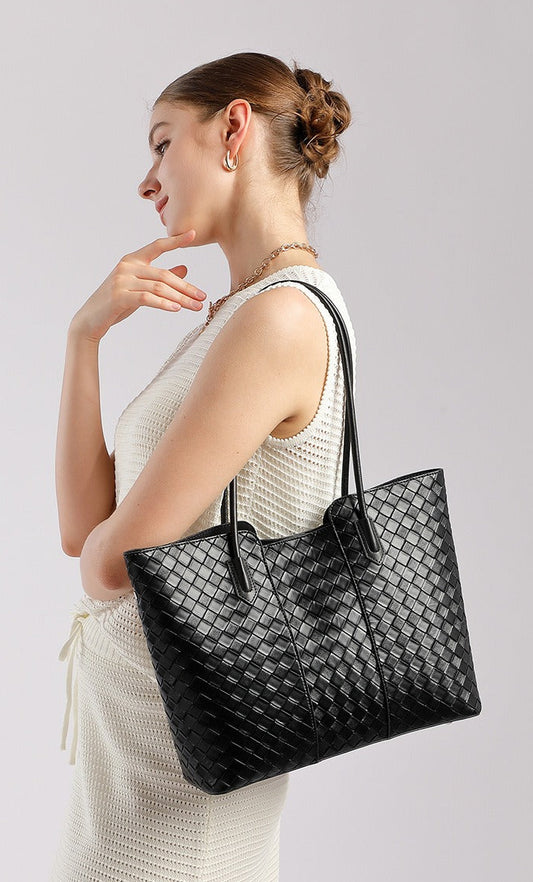 Woven Cowhide Shoulder Tote Bag