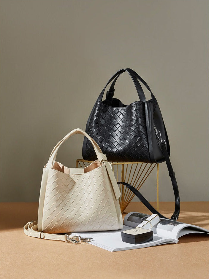 Woven Leather Bucket Tote Bag