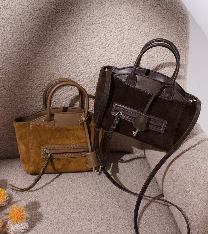 Suede Spliced Cowhide Mini Luggage Tote