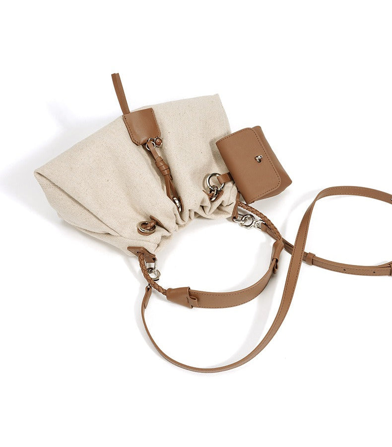 Linen Drawstring Shoulder Bucket Bag