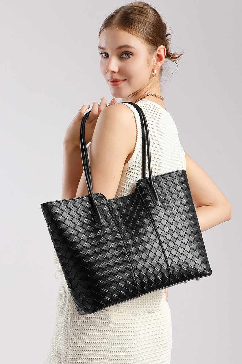 Woven Cowhide Shoulder Tote Bag