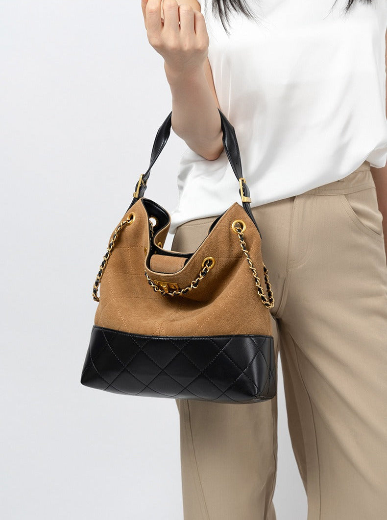 Quilted Suede Chain Bucket Bag