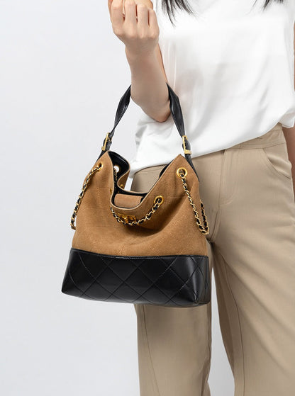 Quilted Suede Chain Bucket Bag