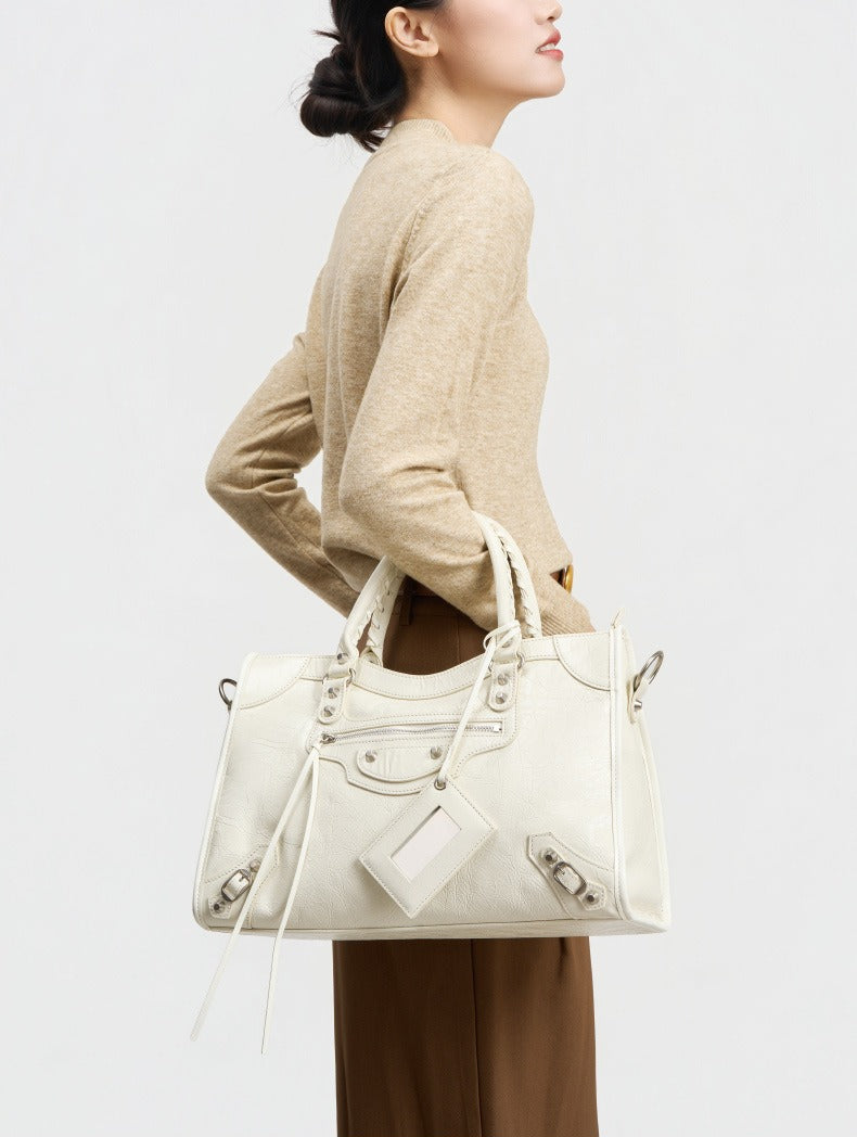Crinkled Leather Rivet City Tote