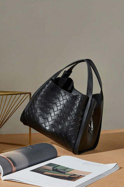 Woven Leather Bucket Tote Bag