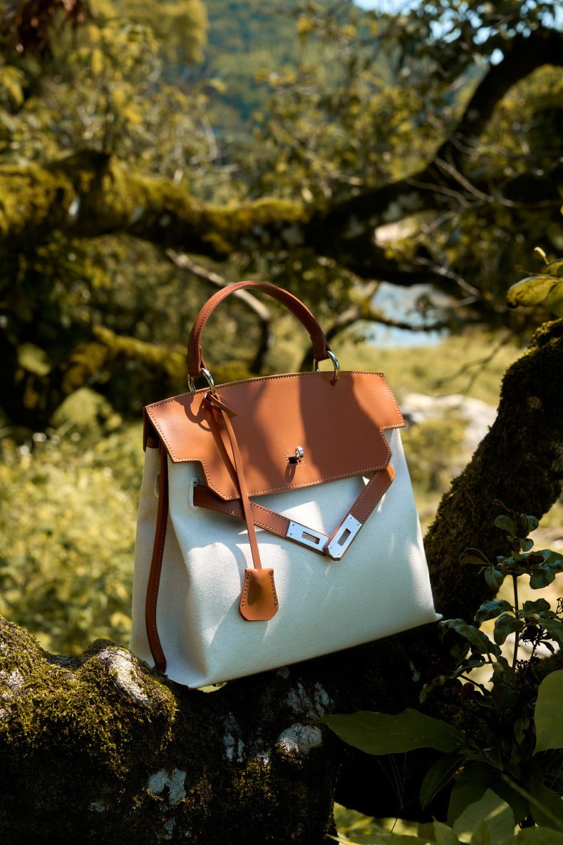 Canvas Leather Turn-Lock Top-Handle Bag