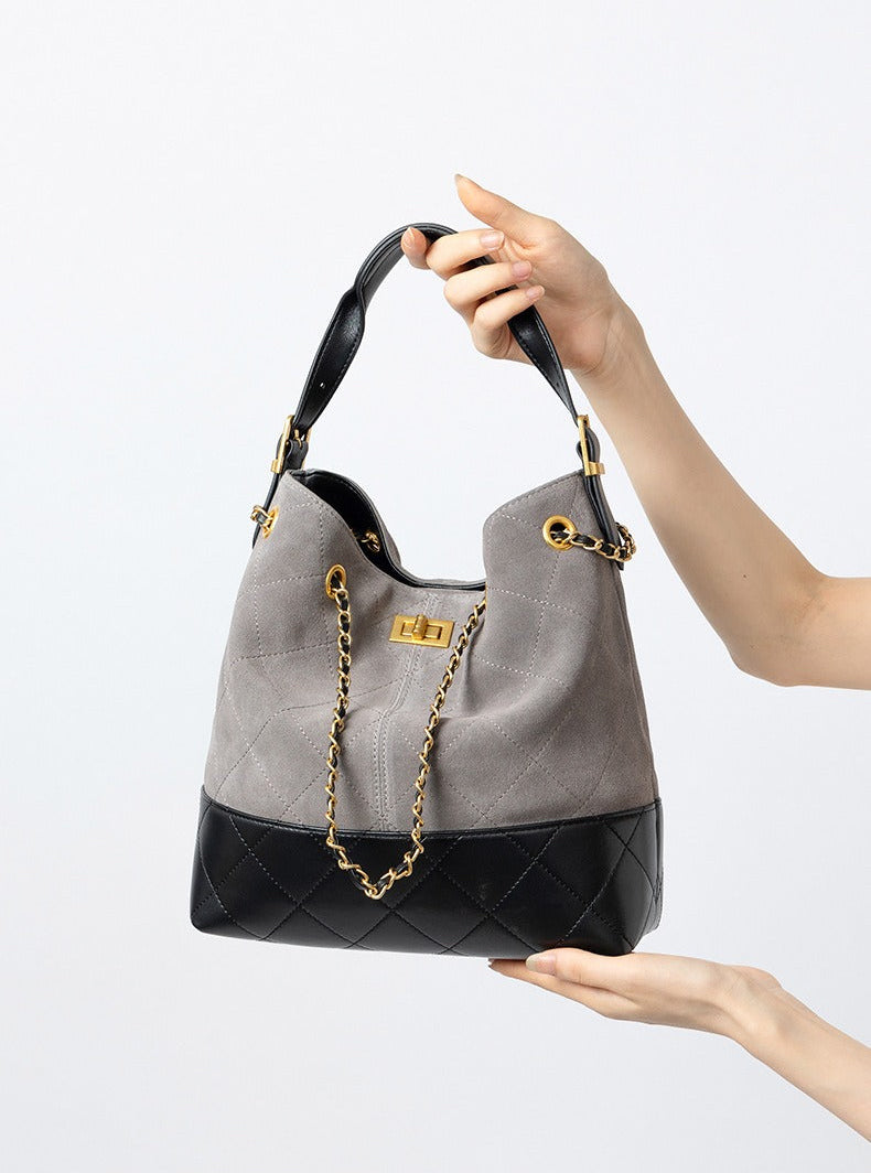 Quilted Suede Chain Bucket Bag