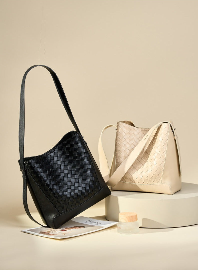 Woven Leather Bucket Shoulder Bag