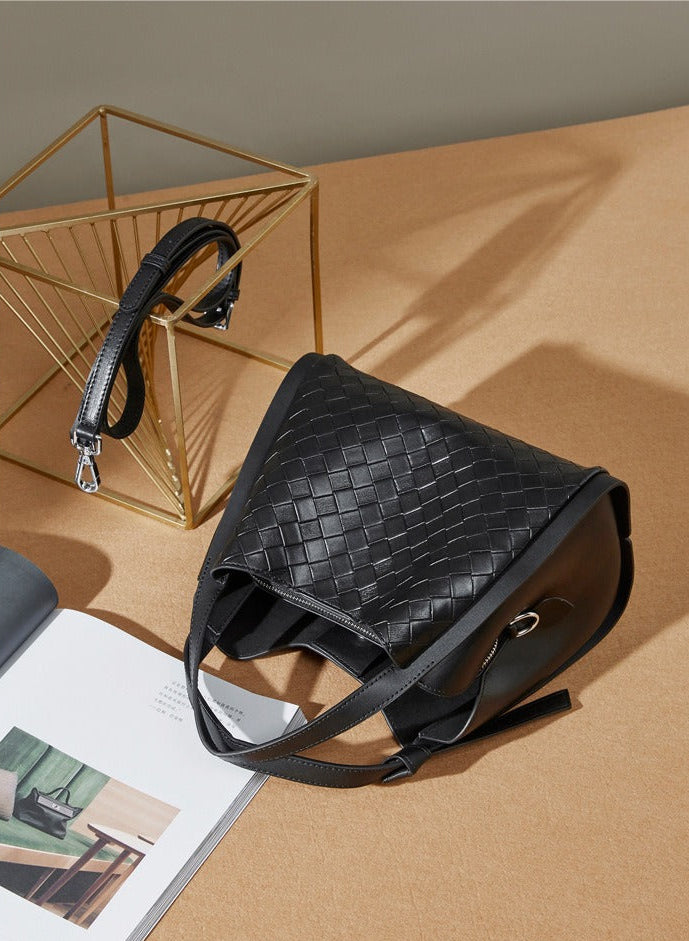 Woven Leather Bucket Tote Bag