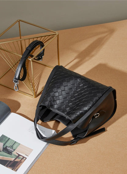 Woven Leather Bucket Tote Bag