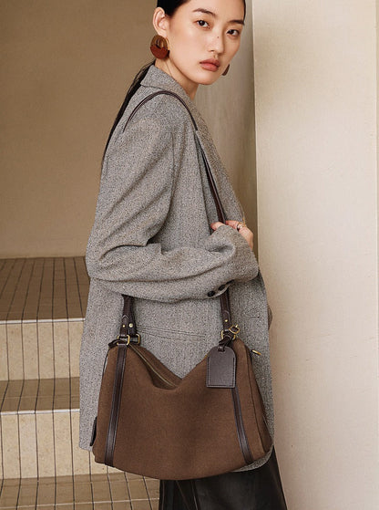Suede Leather Shoulder Boston Bag