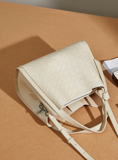 Woven Leather Bucket Tote Bag
