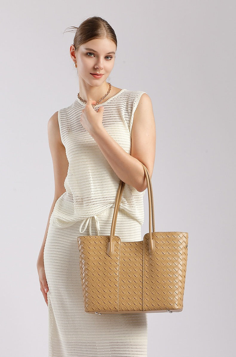 Woven Cowhide Shoulder Tote Bag