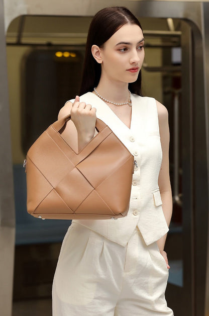 Woven Leather Geometric Tote Bag