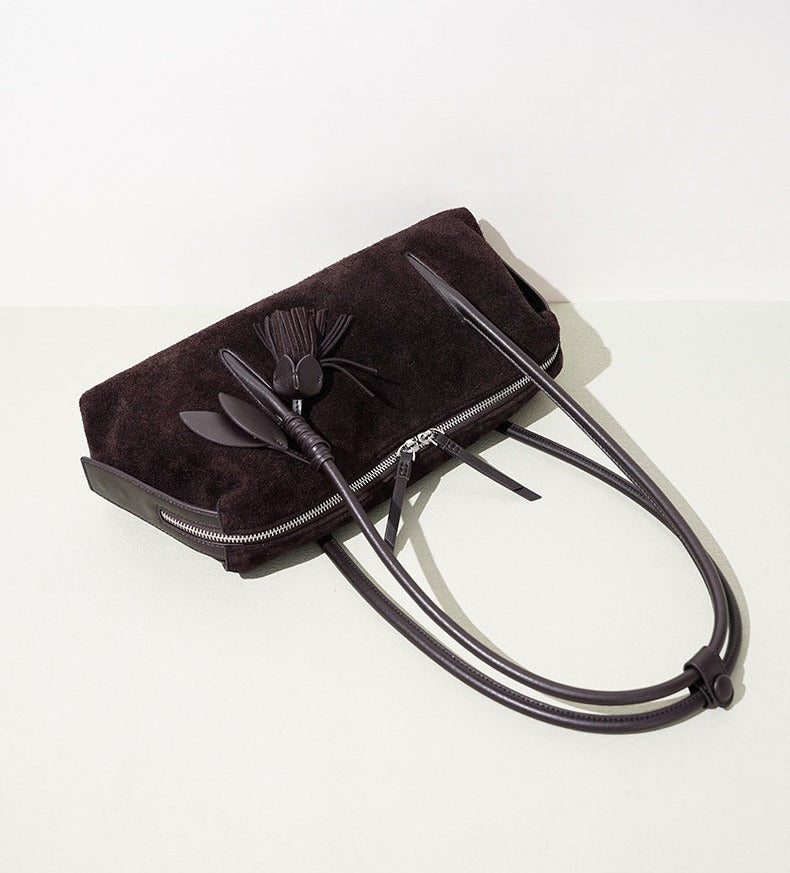 Suede Leaf Charm Shoulder Bag