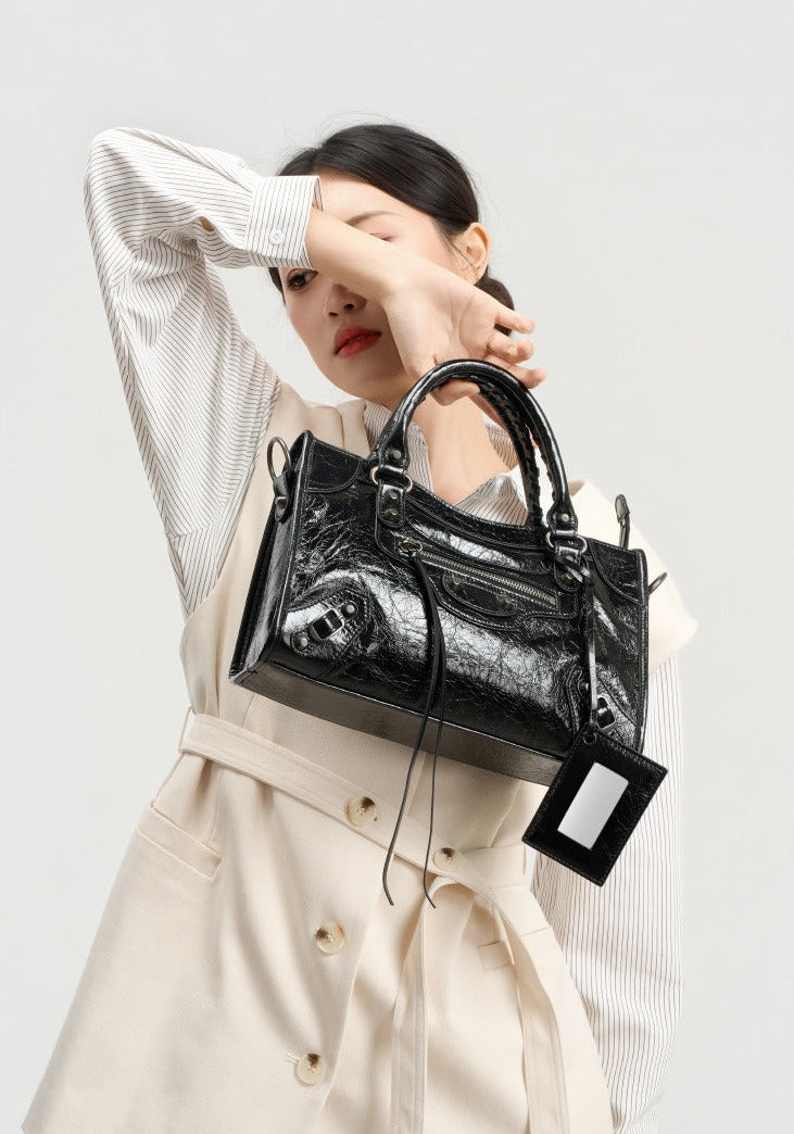 Crinkled Leather Rivet City Tote