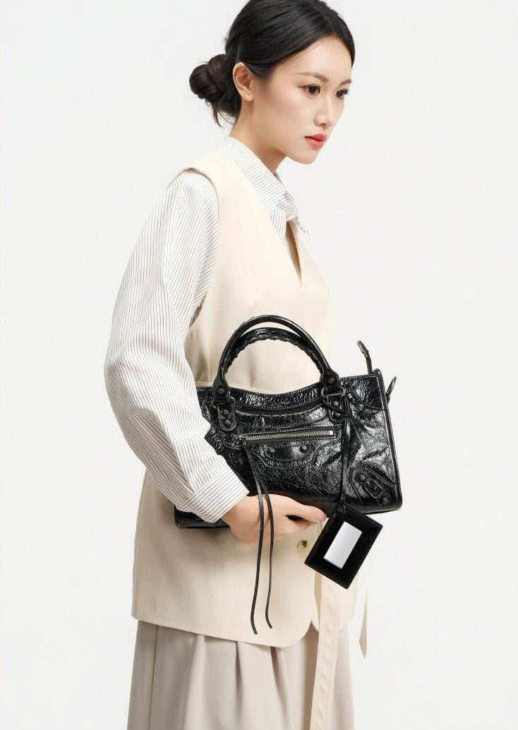 Crinkled Leather Rivet City Tote