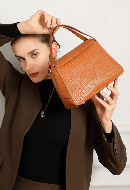 Crocodile Pattern Leather Flap Handbag