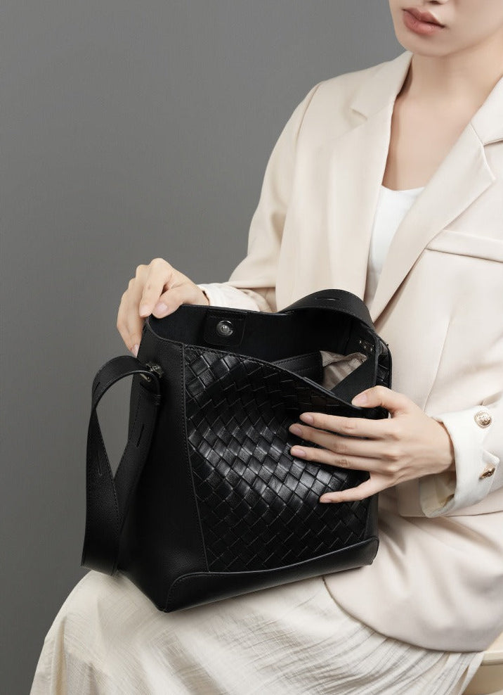 Woven Leather Bucket Shoulder Bag