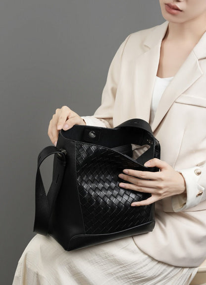 Woven Leather Bucket Shoulder Bag
